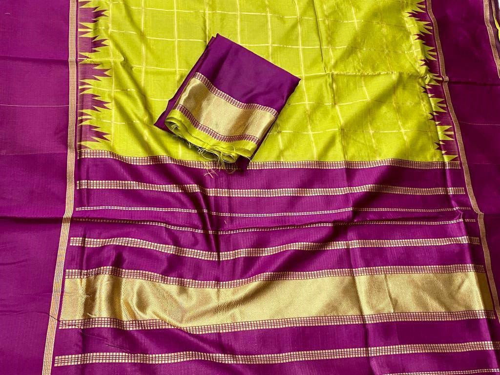 Neon Green Lichi Silk Banarasi Saree With Blouse