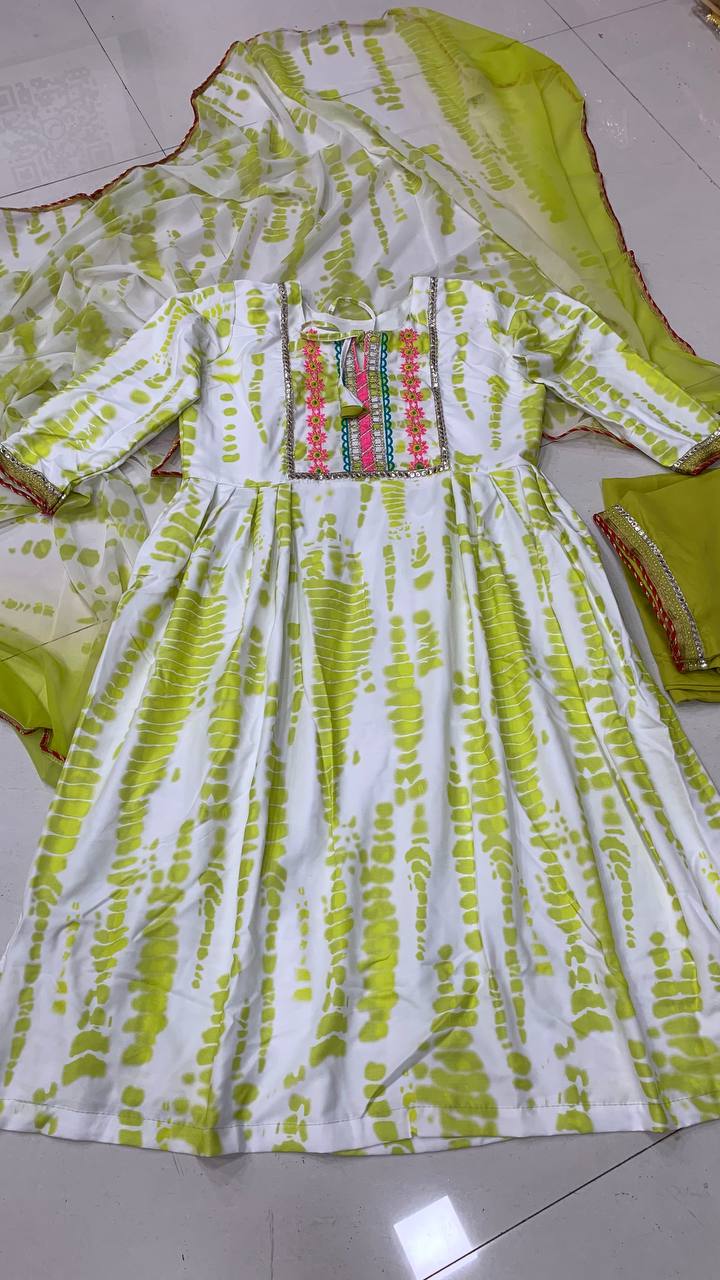 Neon White Poly Rayon Cotton Shibori Digital Print Gown