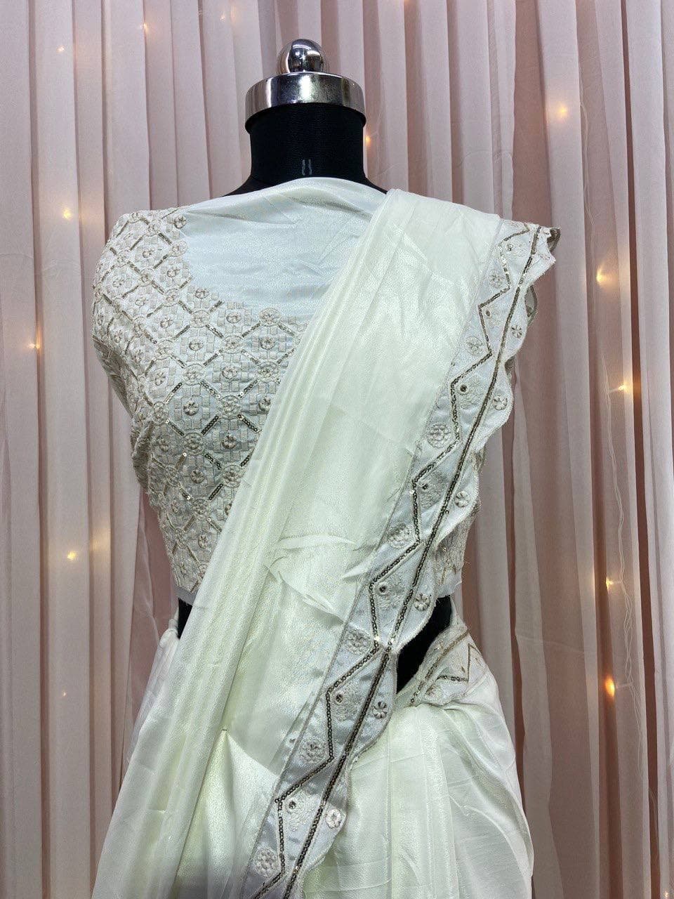 Off White Saree In Crape With Embroidery Work