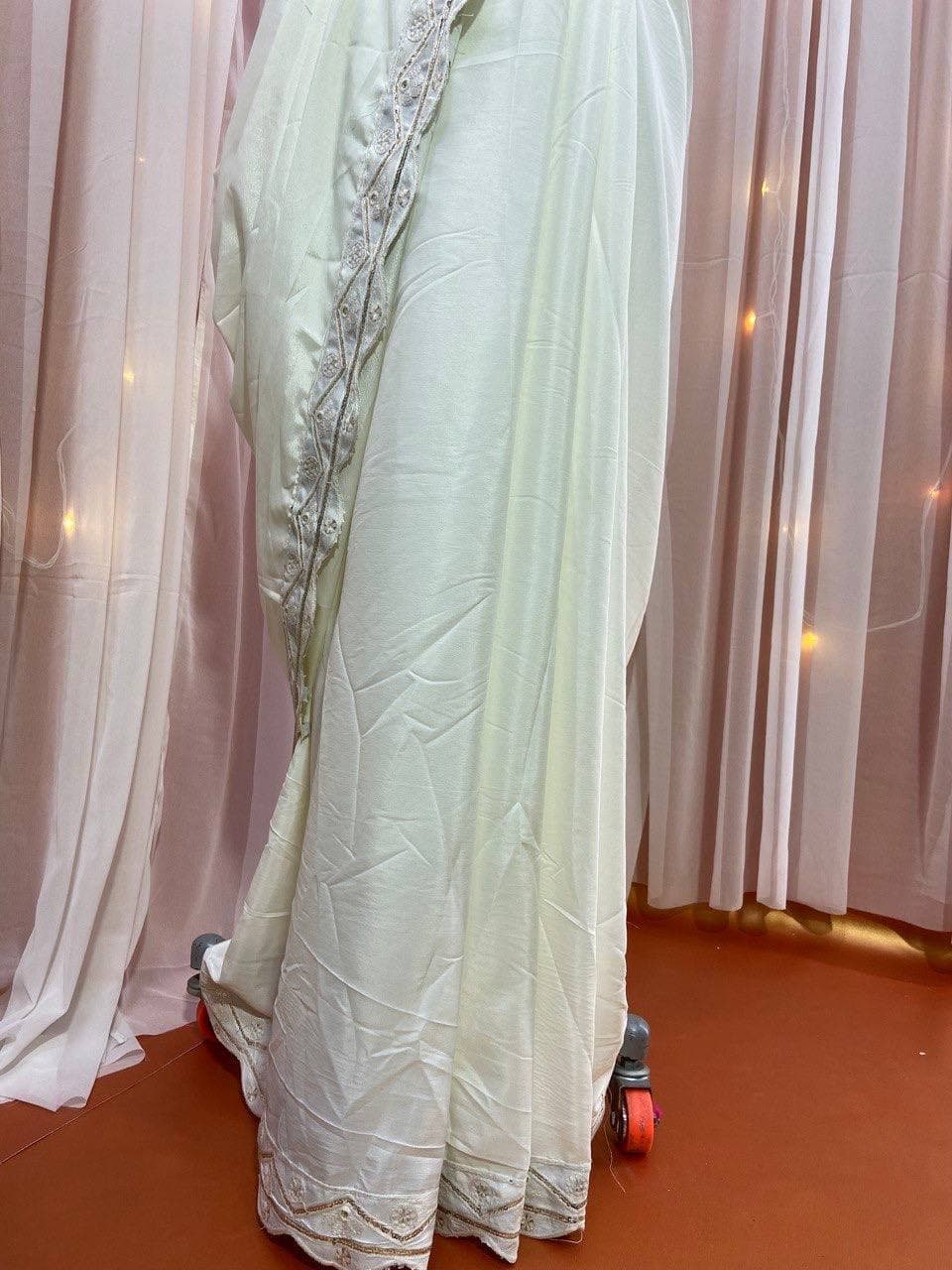 Off White Saree In Crape With Embroidery Work