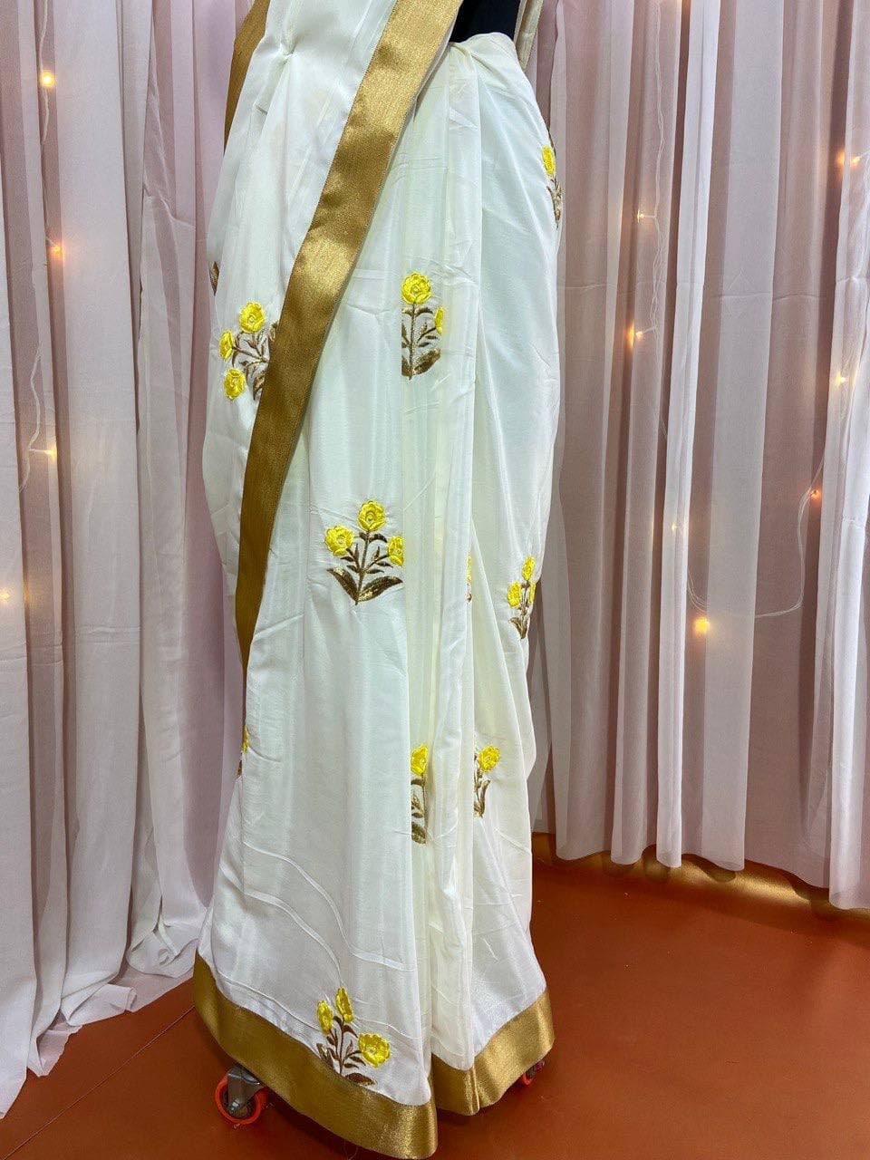 Off White Saree In Crape With Embroidery Work