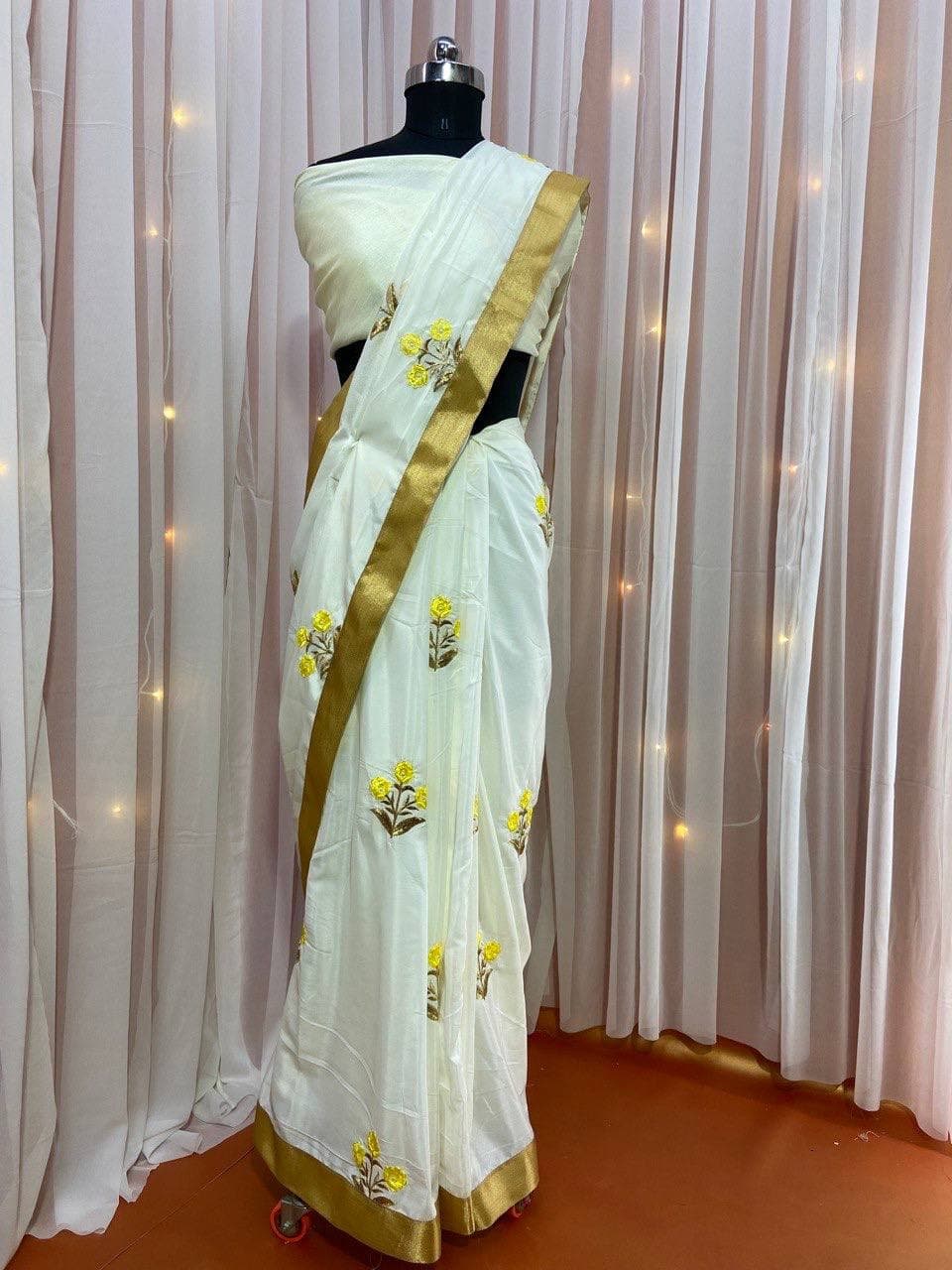 Off White Saree In Crape With Embroidery Work