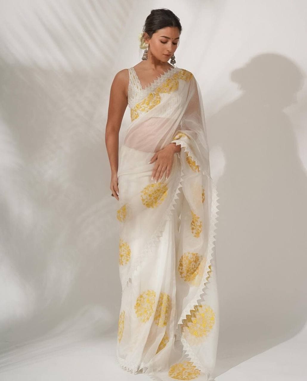 Off White Saree In Faux Georgette With Sequence Embroidery Work