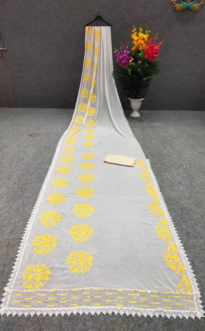 Off White Saree In Faux Georgette With Sequence Embroidery Work