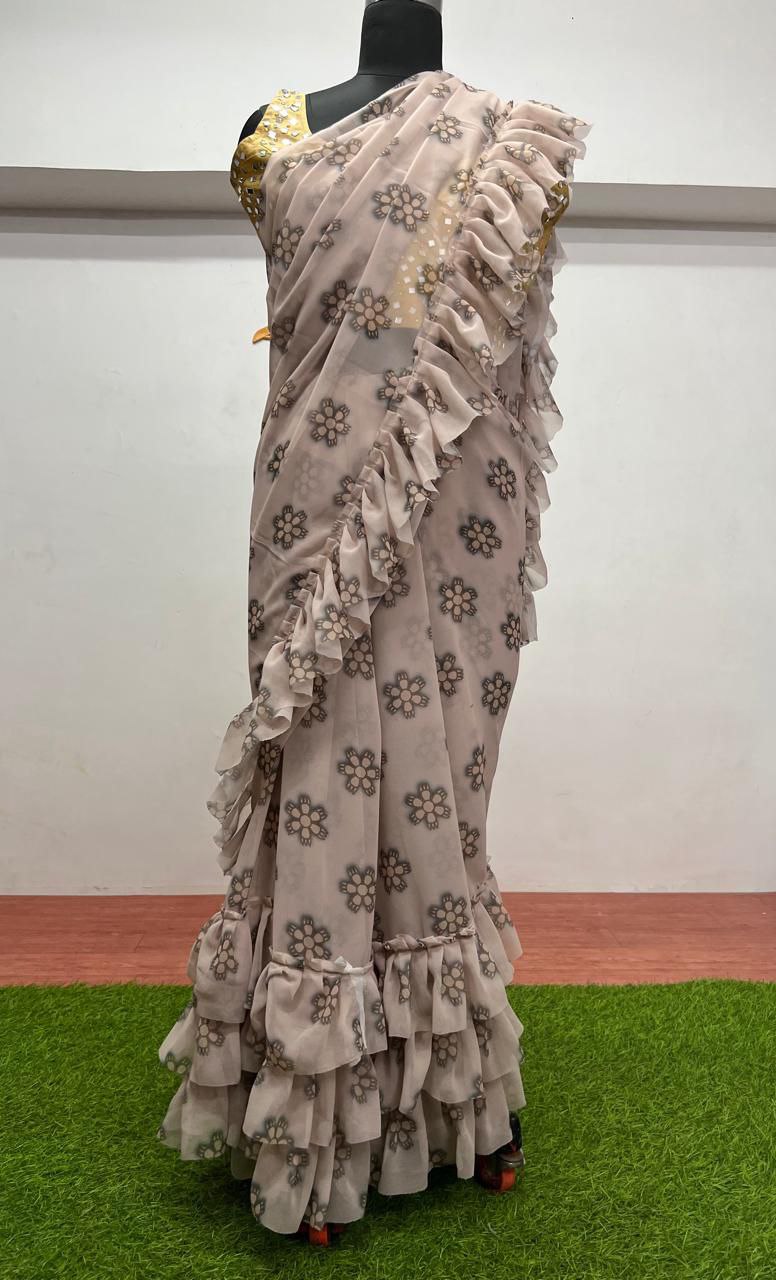 Off White Faux Georgette Silk Digital Printed Saree With Stitched Blouse