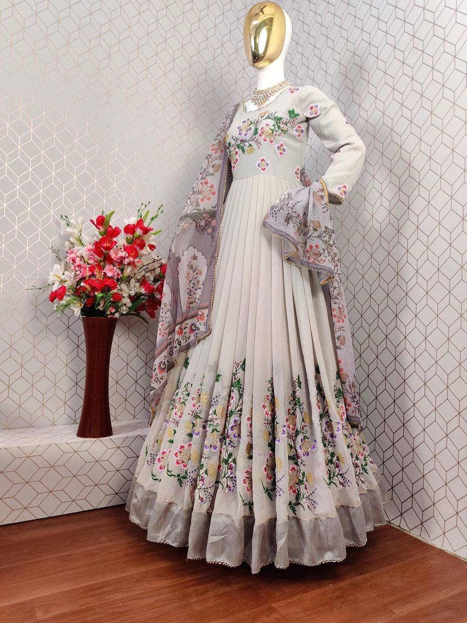 Off White Anarkali Suit In Fox Georgette With Embroidery Work