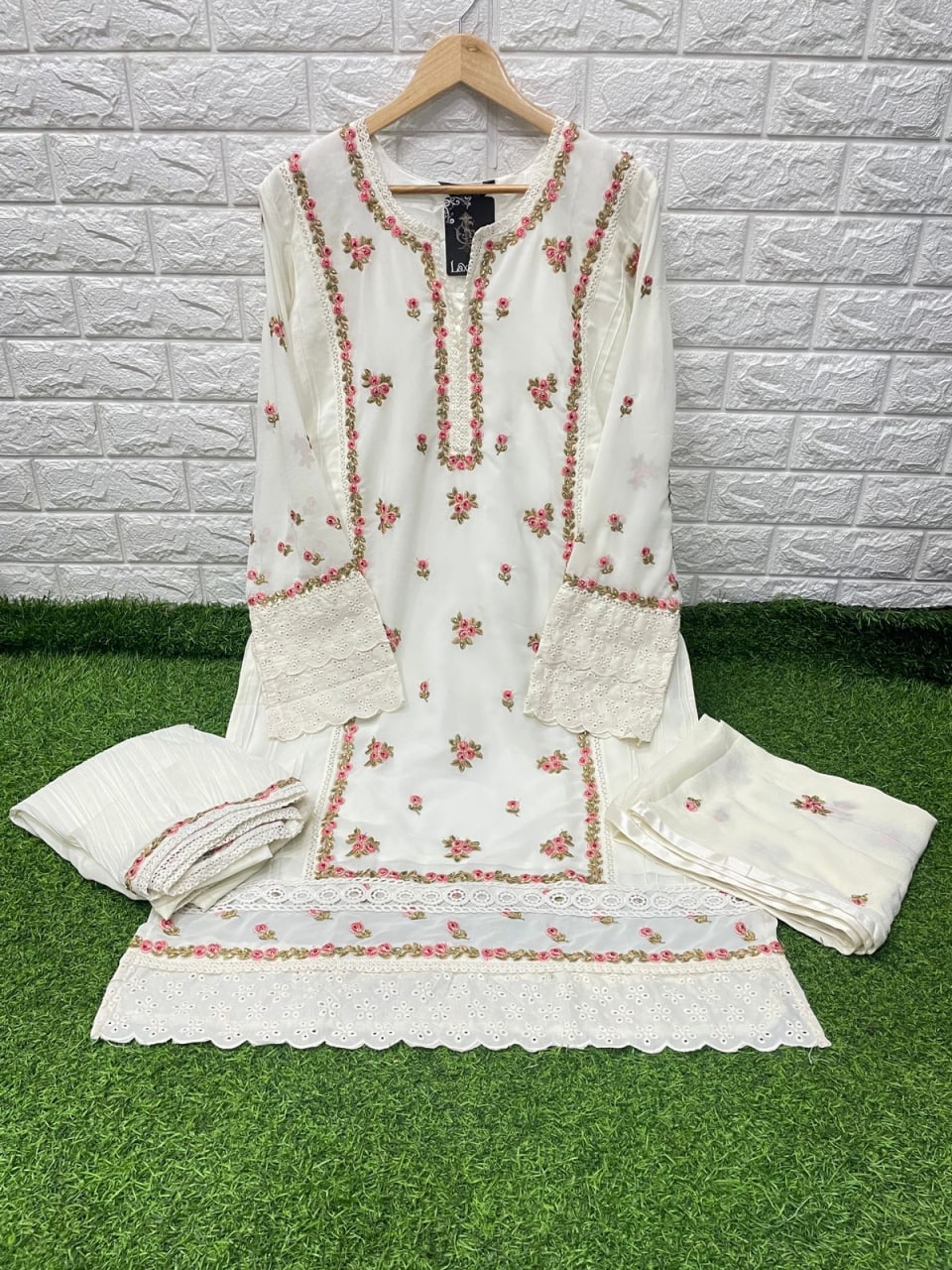 Off White Palazzo Suit In Fox Georgette With Embroidery Work