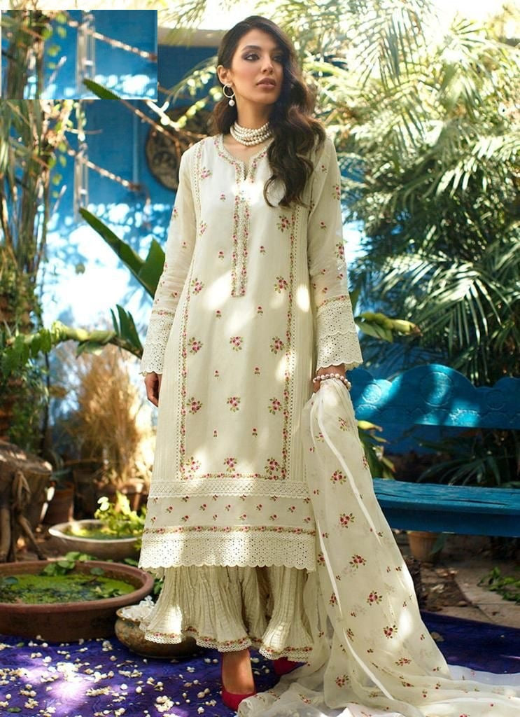 Off White Palazzo Suit In Fox Georgette With Embroidery Work