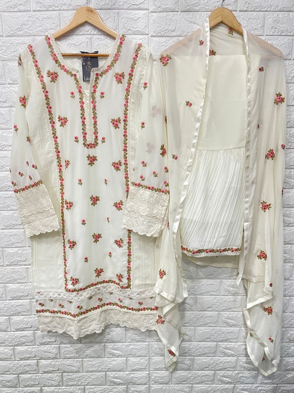 Off White Palazzo Suit In Fox Georgette With Embroidery Work