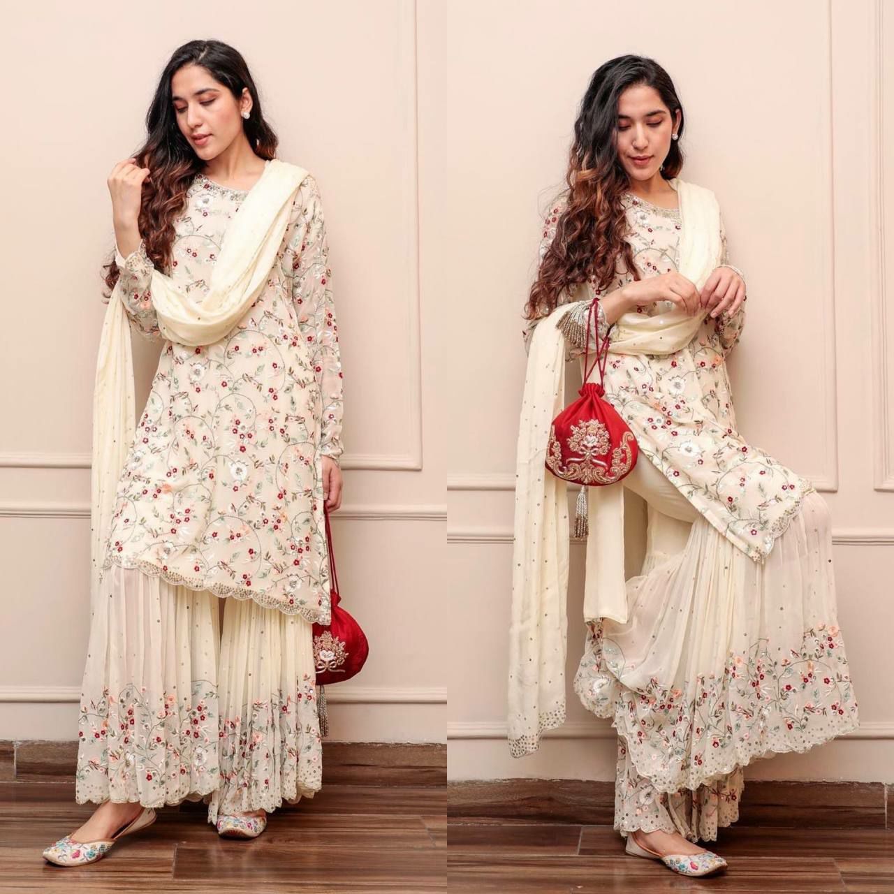 Off White Sharara Suit In Georgette Silk With Sequence Work