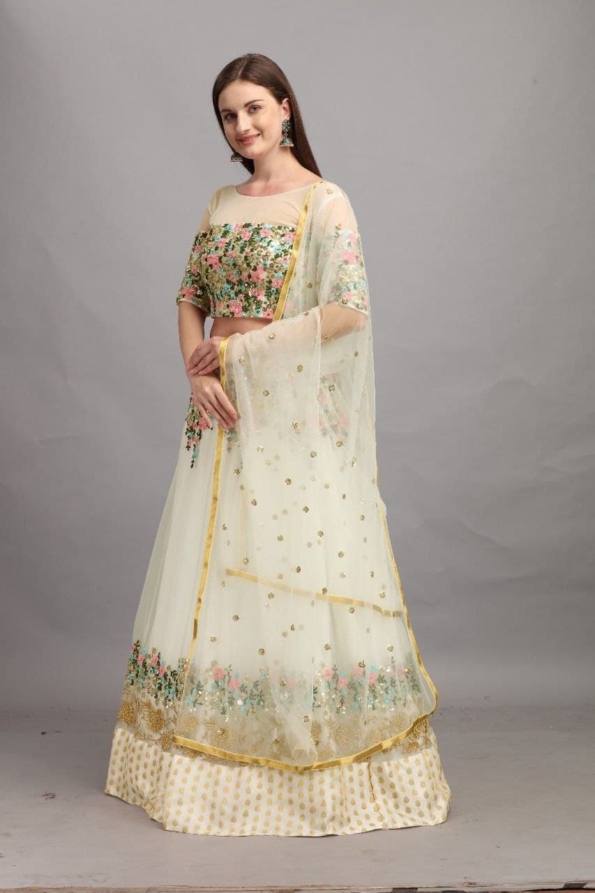 Off White Lehenga Choli In Butterfly Mono Net With Embroidery Work