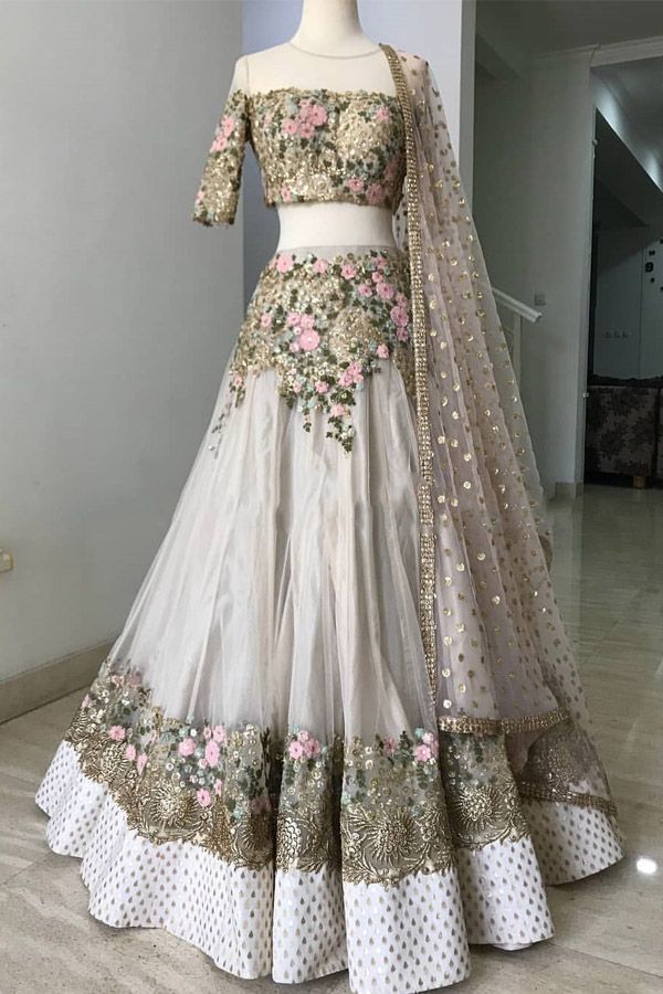 Off White Lehenga Choli In Nylon Mono Net With Embroidery Work