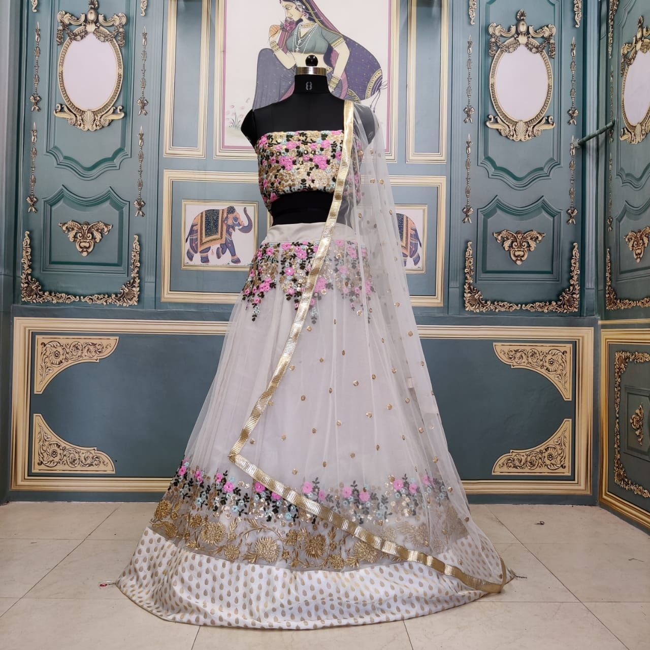 Off White Lehenga Choli In Nylon Mono Net With Embroidery Work