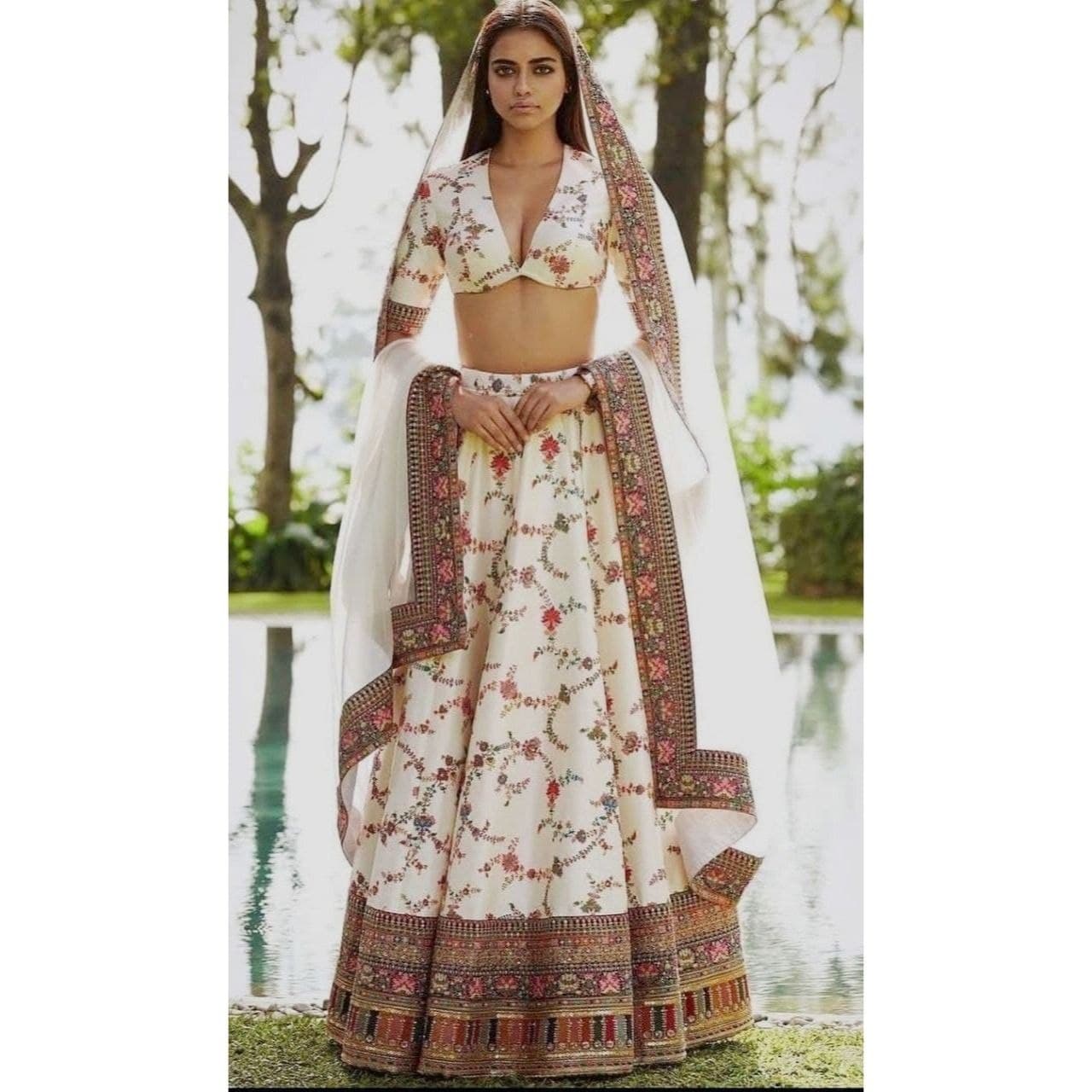 Off White Lehenga Choli In Taffeta Silk With Digital Print