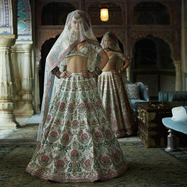 Off White Lehenga Choli In Taffeta Silk With Thread Work