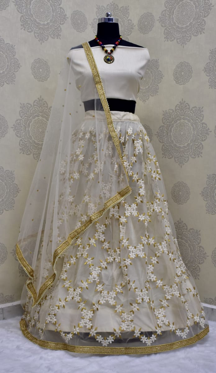 Off White Lehenga Choli In Nylon Mono Net With Embroidery Work