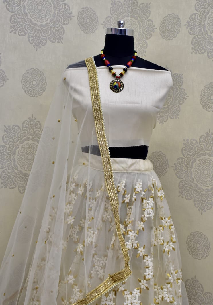 Off White Lehenga Choli In Nylon Mono Net With Embroidery Work