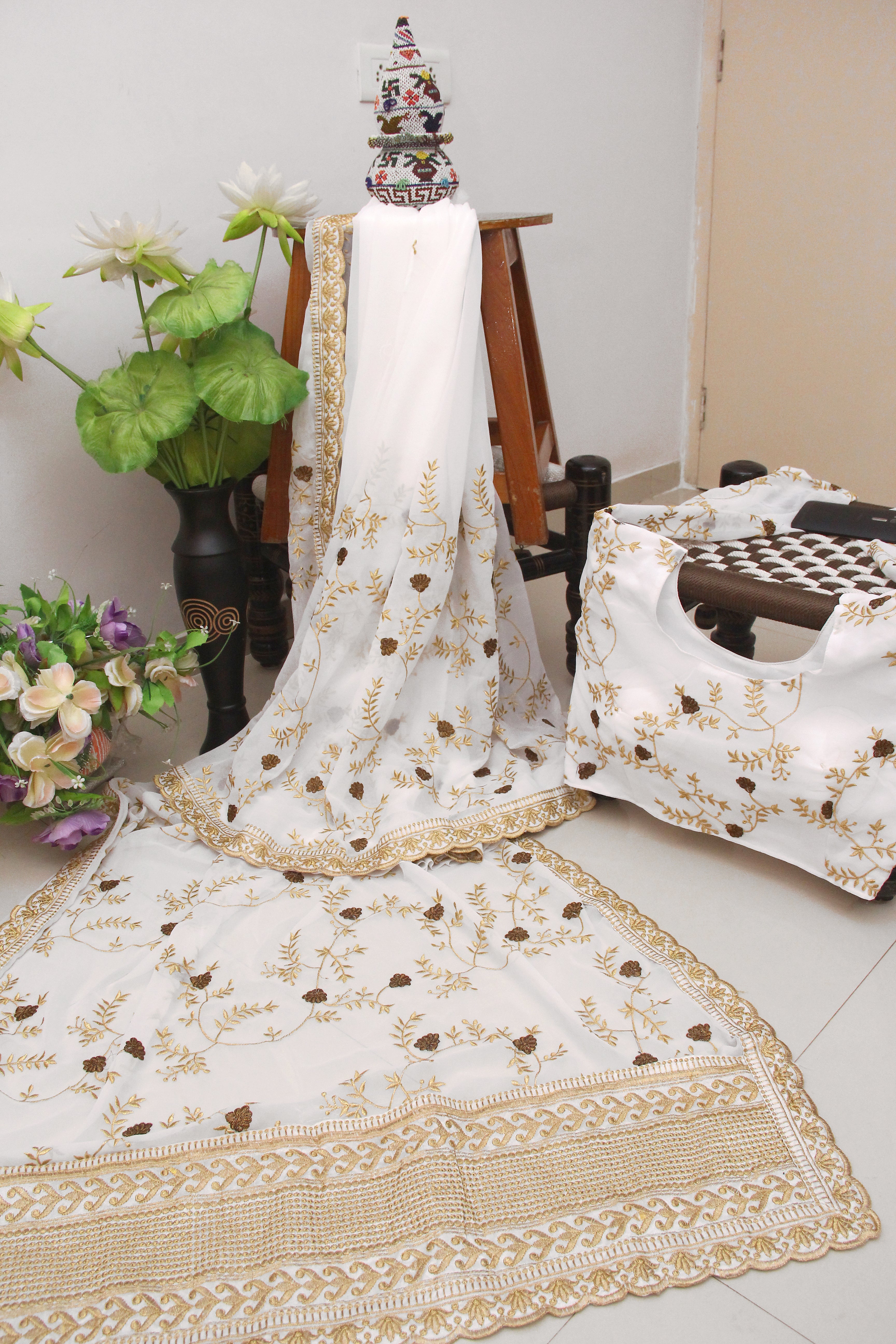 Off White Saree In Georgette Bember With Thread Work