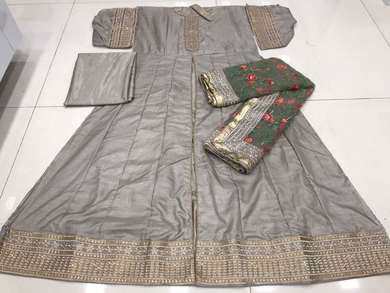 Olive Gray Anarkali Suit In Dola Silk With Embroidery Work