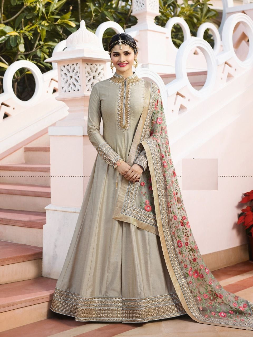 Olive Gray Anarkali Suit In Dola Silk With Embroidery Work