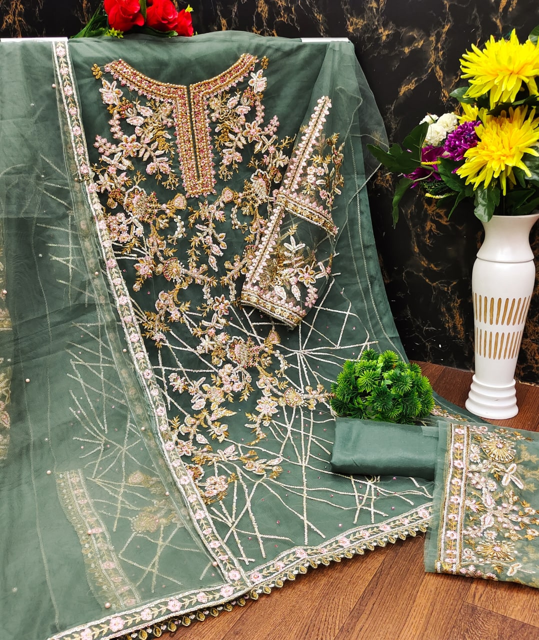 Olive Green Salwar Suit In Nylon Mono Net With Embroidery Work