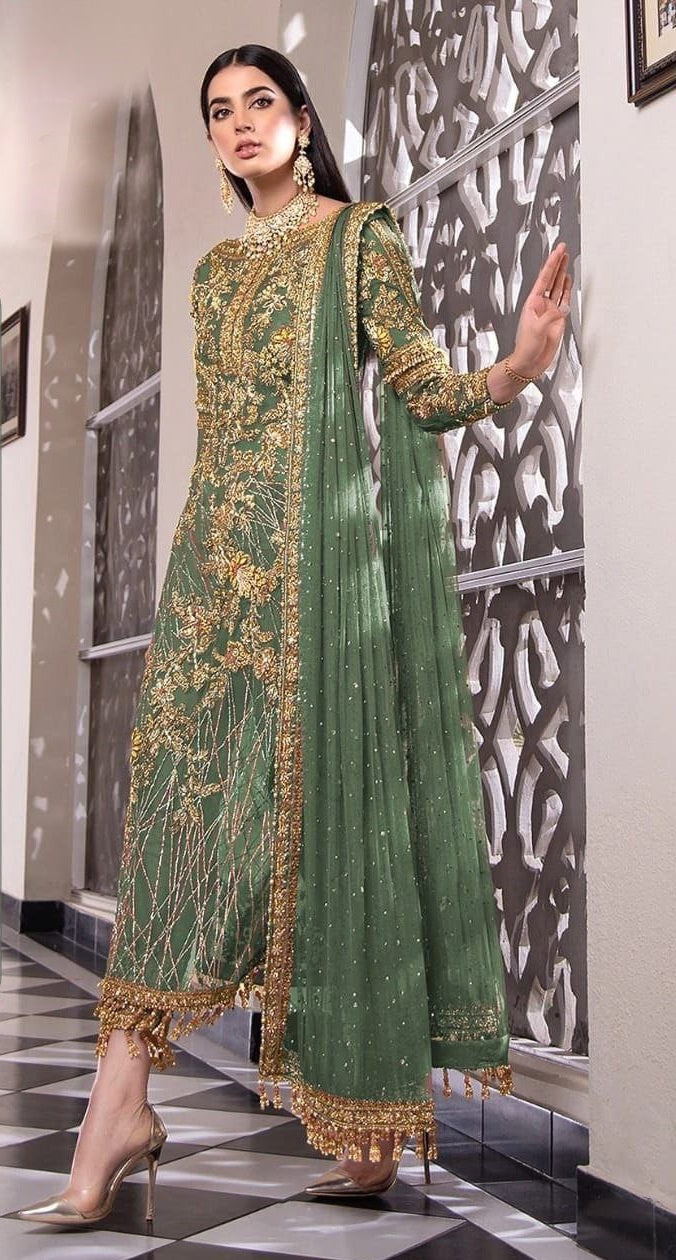 Olive Green Salwar Suit In Nylon Mono Net With Embroidery Work