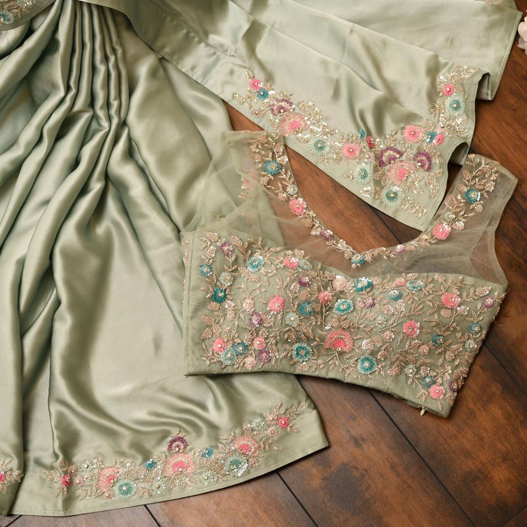 Olive Green Saree In Satin Silk With Thread Work