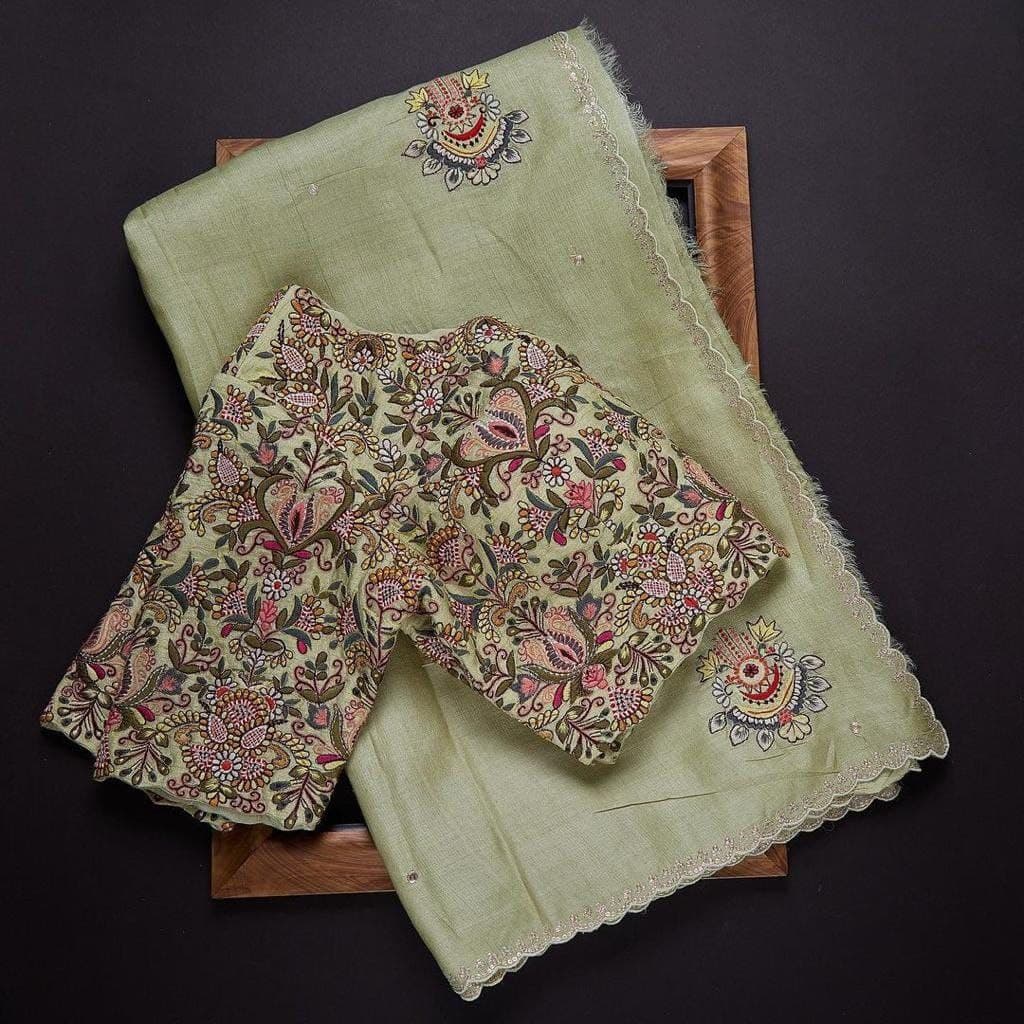 Olive Saree In Organza Silk With Multi Embroidery Thread Work