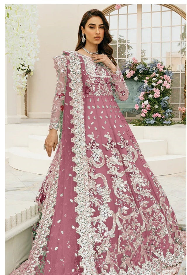 Onion Pink Anarkali Suit In Butterfly Mono Net With Embroidery Work