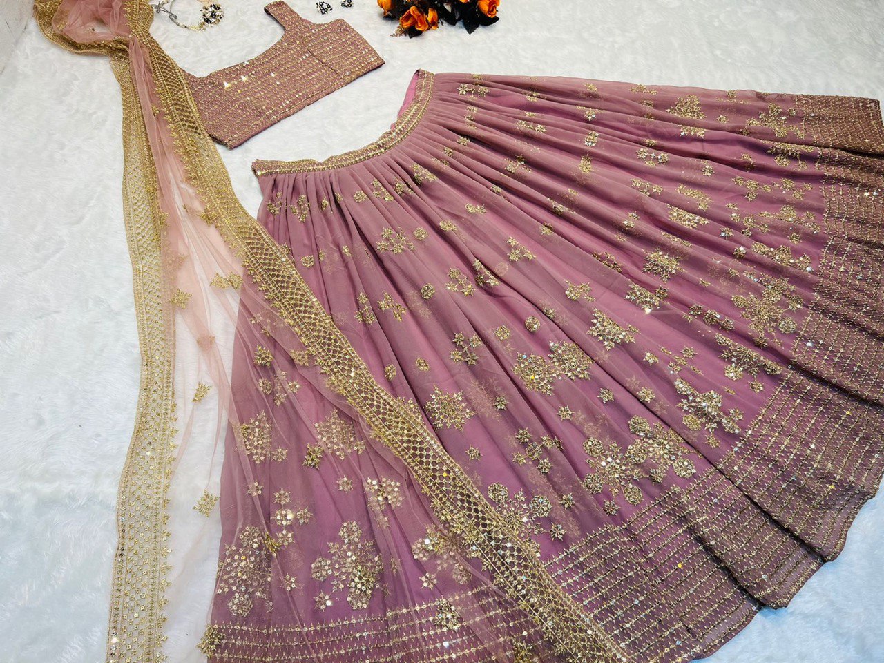 Onion Pink Lehenga Choli In Fox Georgette With Embroidery Work