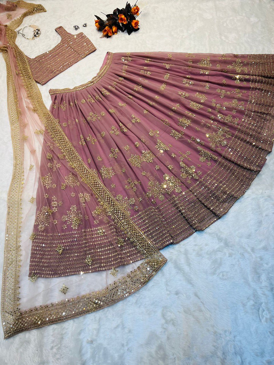 Onion Pink Lehenga Choli In Fox Georgette With Embroidery Work