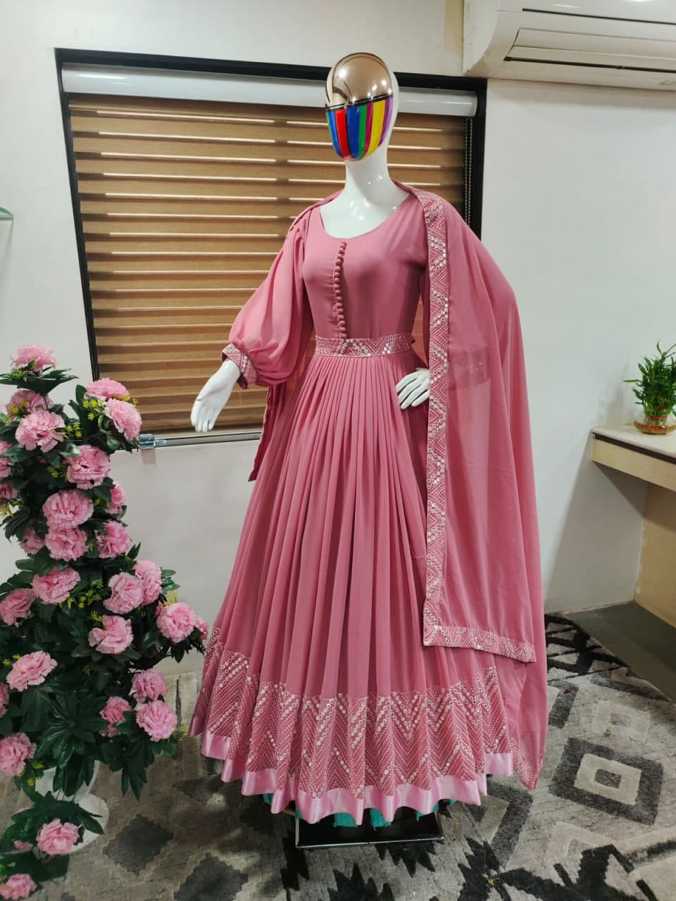 Onion Pink Georgette Mirror Embroidery Work Gown With Fancy Belt