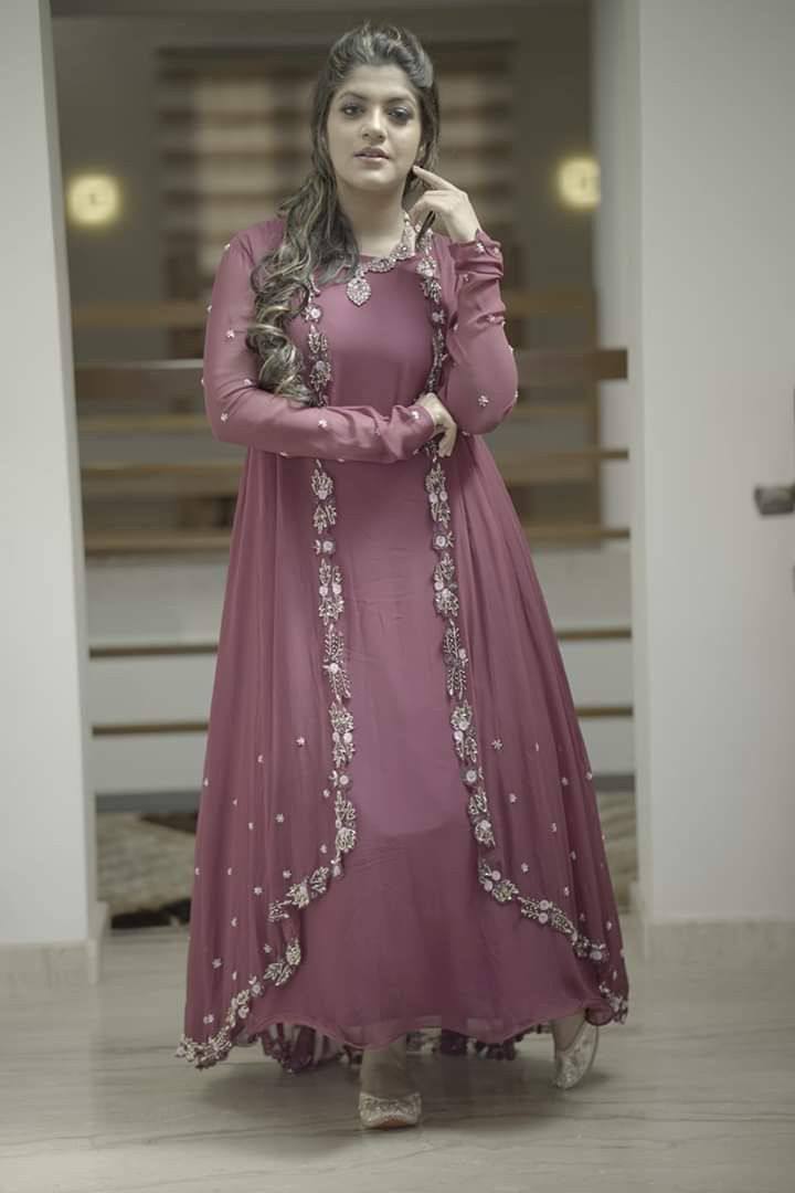 Onion Pink Anarkali Suit In Georgette Silk With Plain