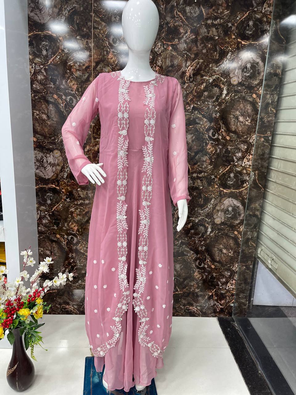 Onion Pink Anarkali Suit In Georgette Silk With Plain