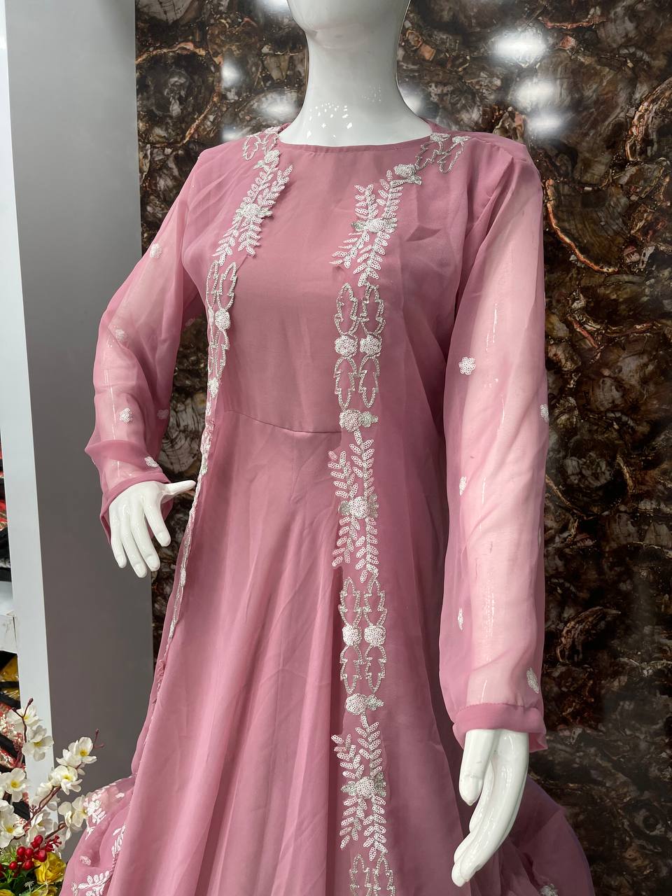 Onion Pink Anarkali Suit In Georgette Silk With Plain