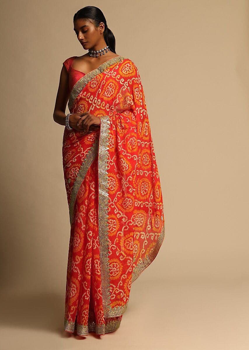 Orange Saree In Digital Vichitra With Zari Embroidery Work
