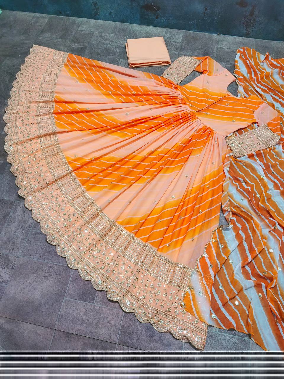 Orange Anarkali Suit In Fox Georgette With Digital Print