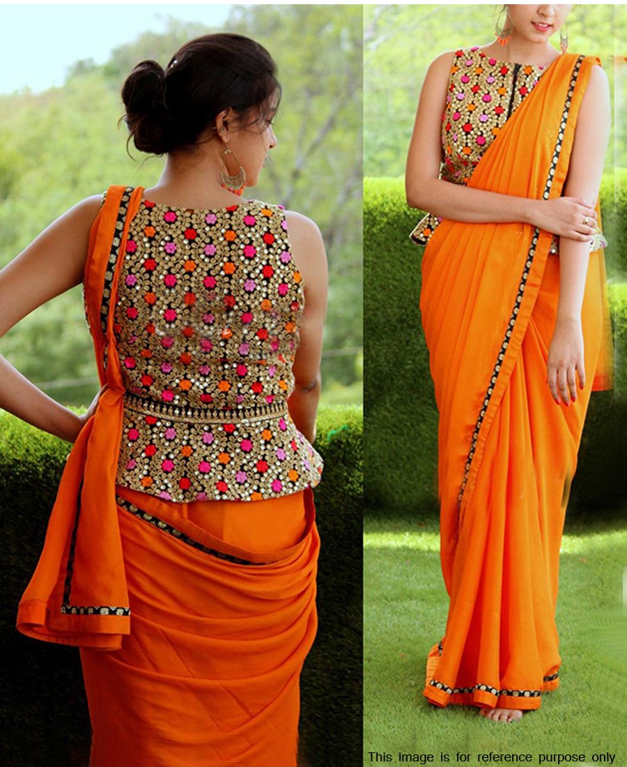 Orange Saree In Georgette Bember With Fancy Thread Work