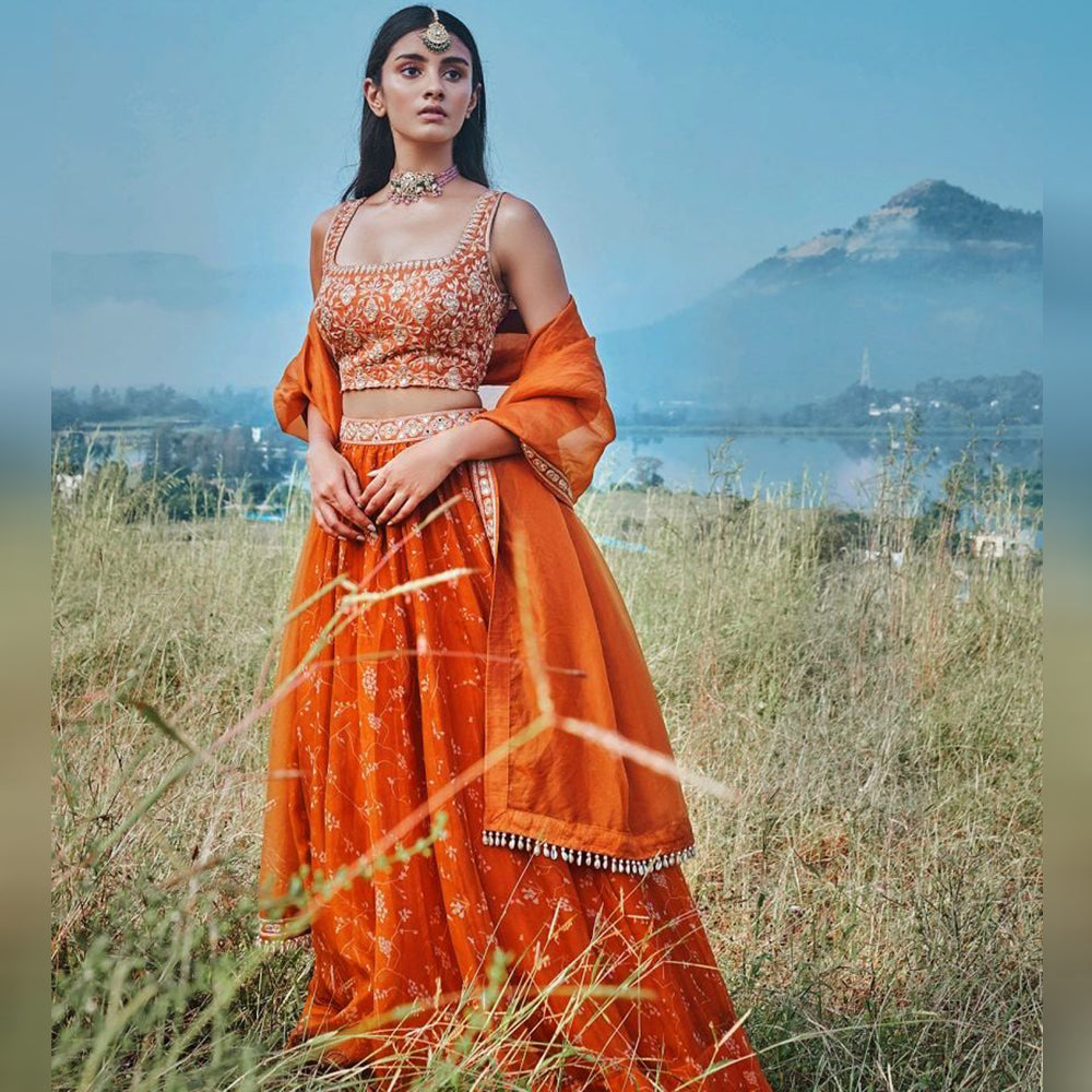 Orange Lehenga Choli In Organza Silk With Digital Print