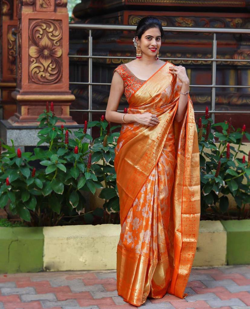 Orange Lichi Silk Banarasi Saree With Blouse