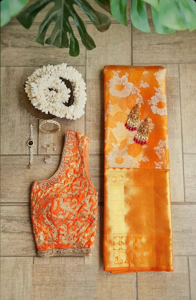 Orange Lichi Silk Banarasi Saree With Blouse