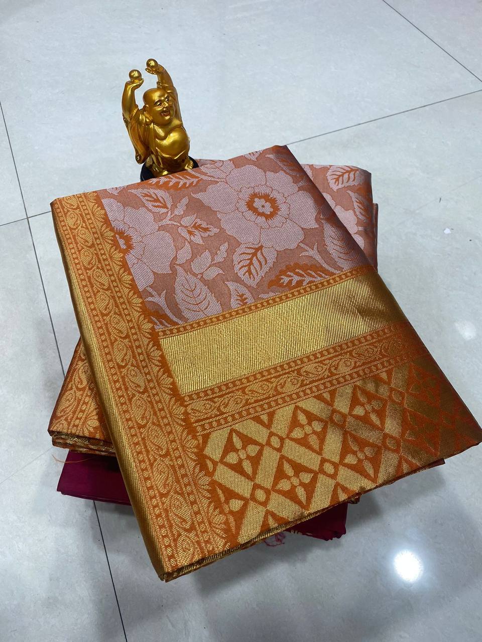 Orange Lichi Silk Banarasi Saree With Blouse