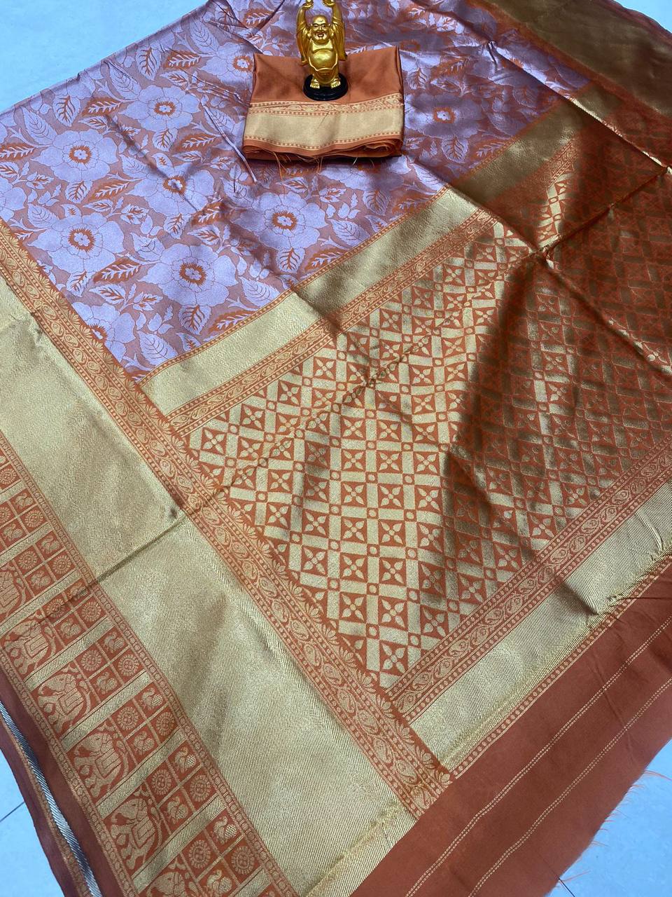 Orange Lichi Silk Banarasi Saree With Blouse