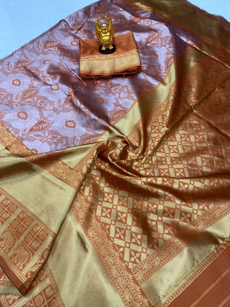 Orange Lichi Silk Banarasi Saree With Blouse