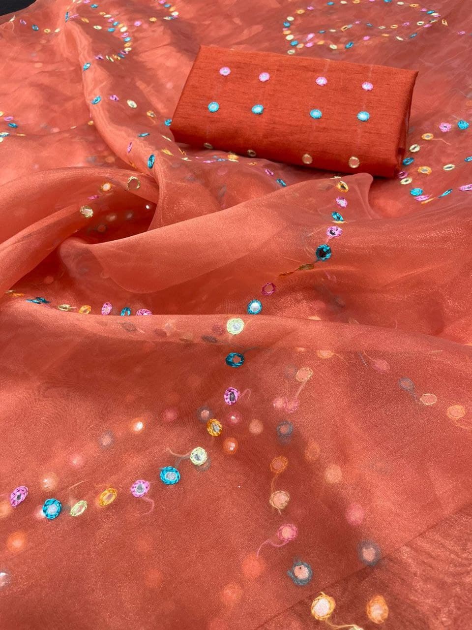 Orange Saree In Organza Silk With Awsome Bubble Arco Work