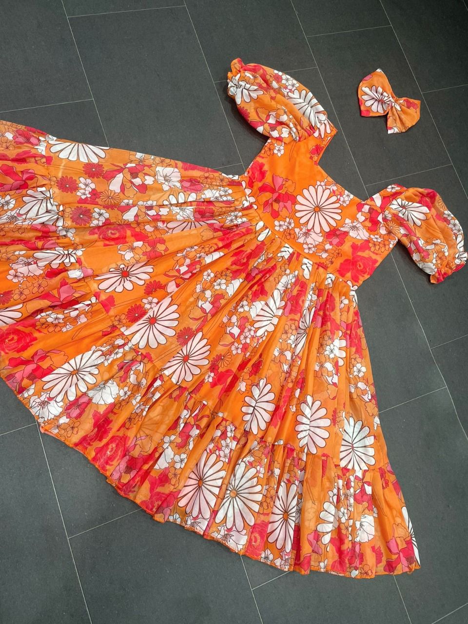 Orange Gown In Organza Tabby Silk With Digital Print