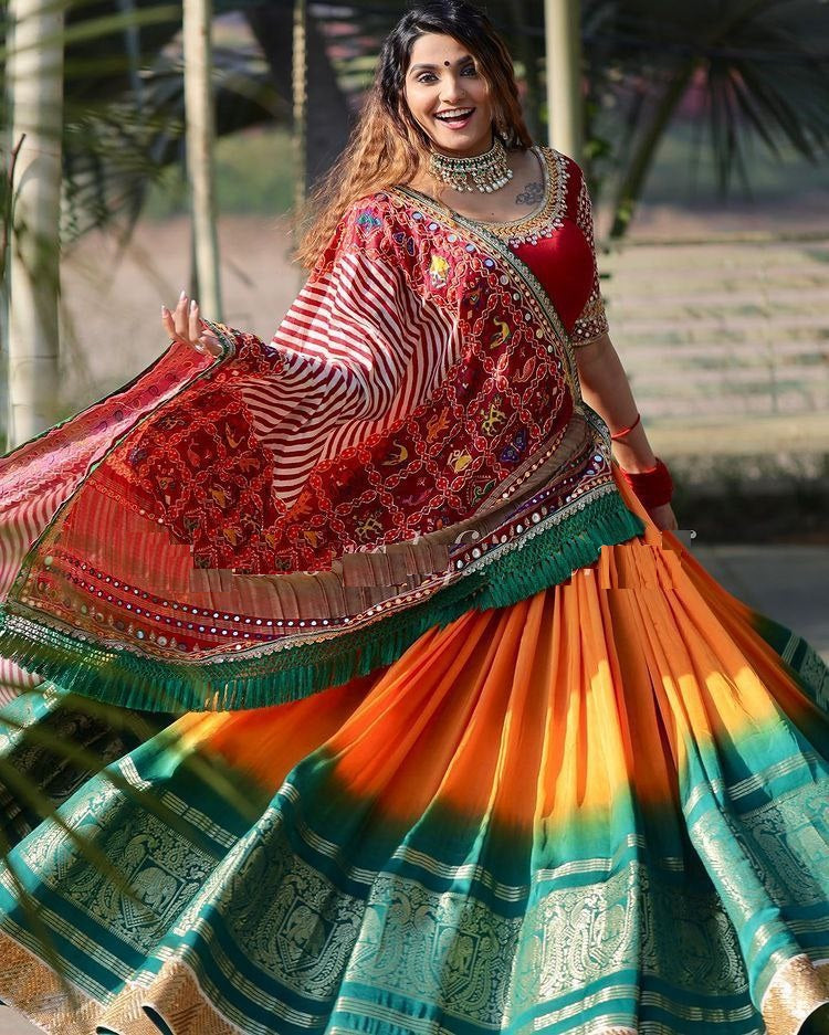 Orange Lehenga Choli In Soft Butter Silk With Digital Print