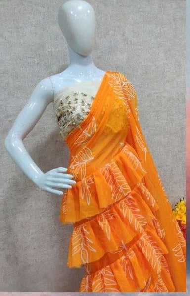 Orange Saree In Soft Georgette With Digital Print