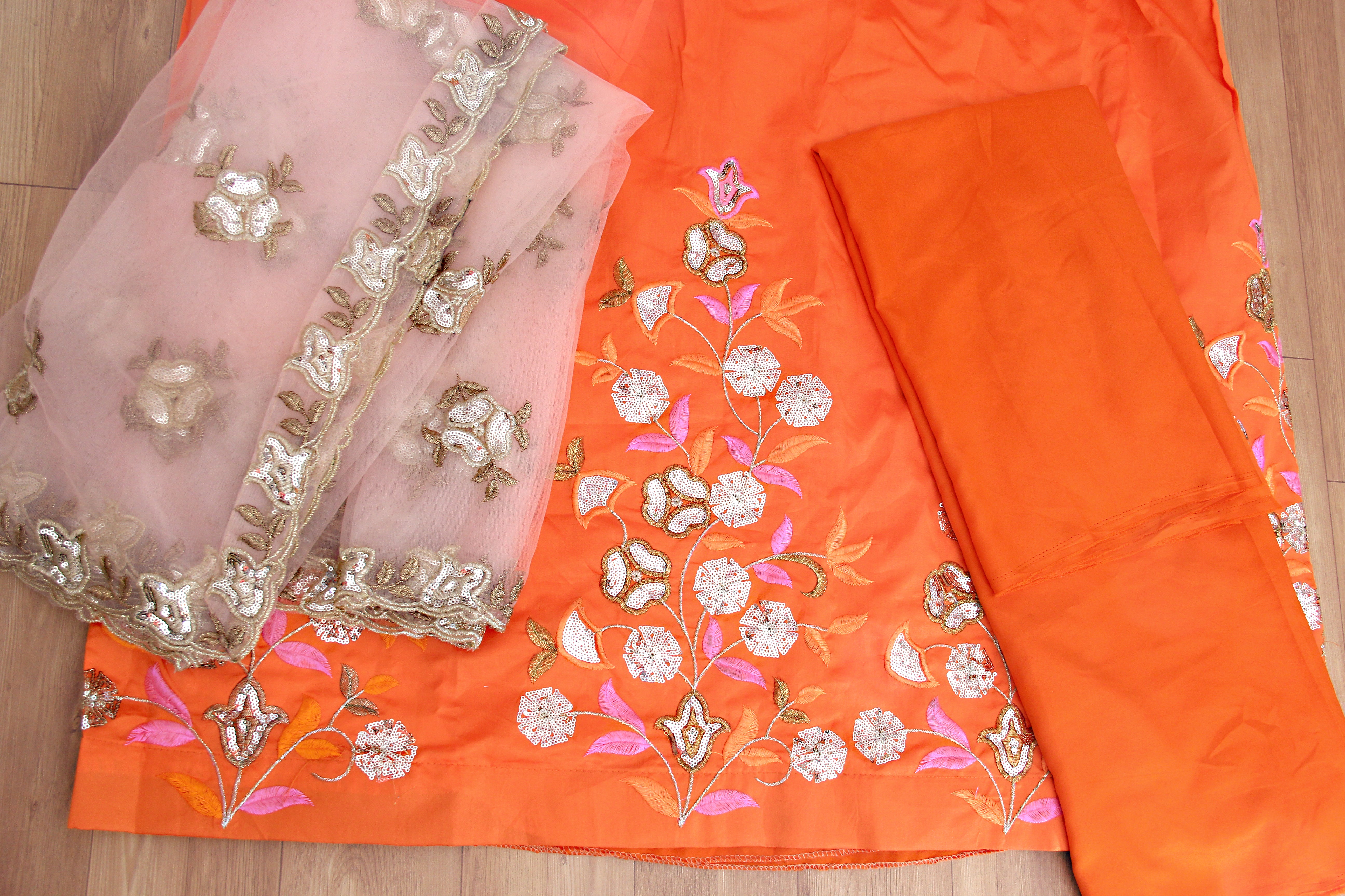 Orange Gown In Two-Tone Taffeta Silk With Fancy Thread Work