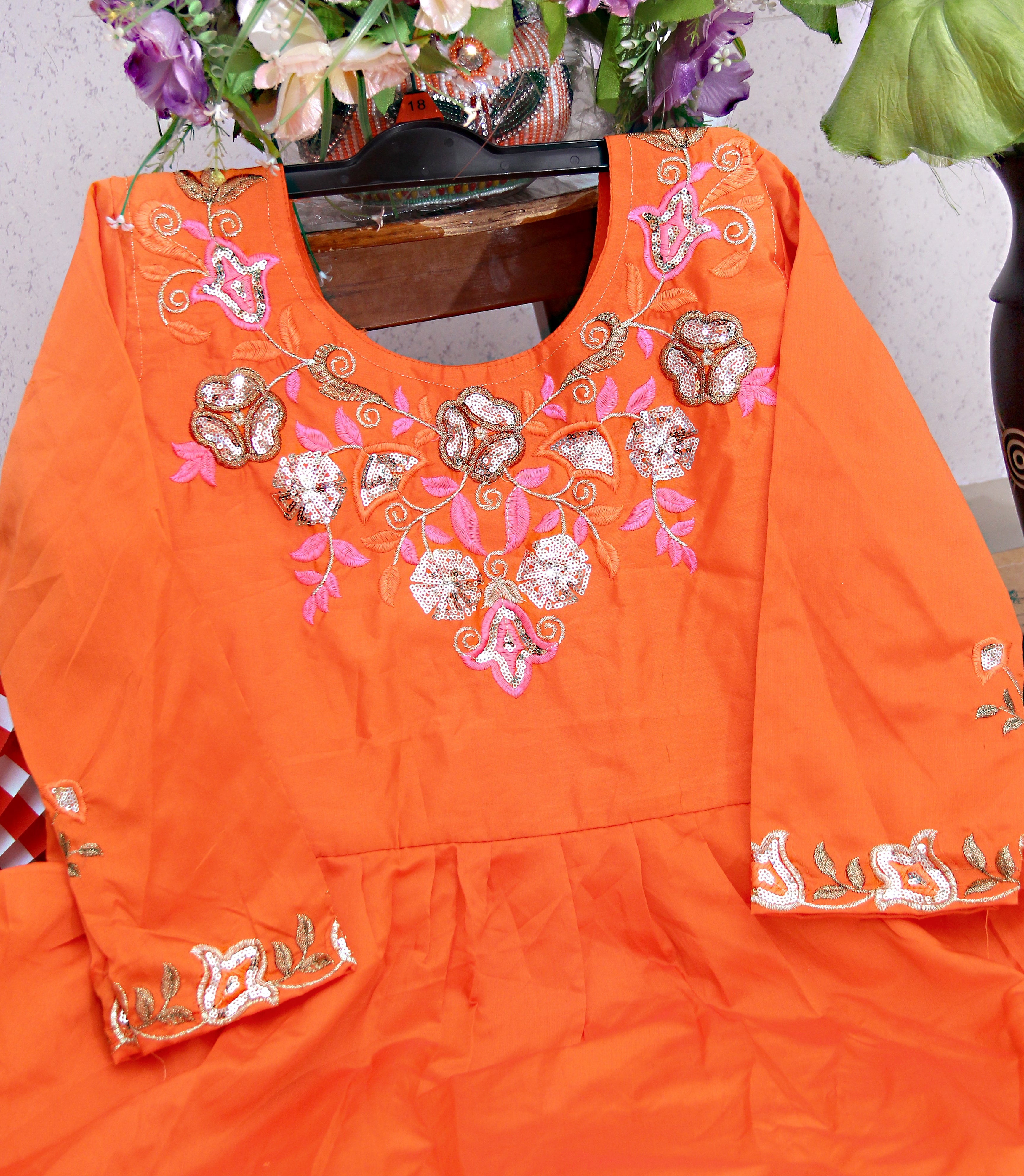 Orange Gown In Two-Tone Taffeta Silk With Fancy Thread Work